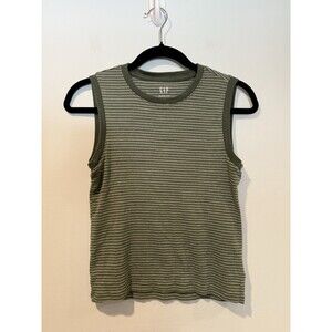 Gap Modern Crew Top Womens Medium Petite Green Striped Y2K Ribbed Cotton Stretch